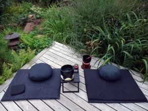 Two round black cushions on square black mats on a timber deck, with a small table holding a bowl between them, surrounded by garden plants