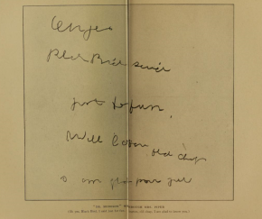 Book page reproducing several lines of loose, sprawling handwriting in pencil, with a printed transcription underneath