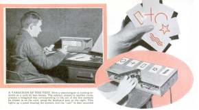 Magazine page with a photograph of a young man at a desk with a box of symbol cards, and drawings of a hand holding cards marked with a circle, cross, square, star and wavy lines