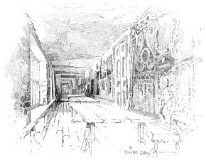 Pen drawing of a long, empty gallery with panelled walls, tall windows on one side, a large wall hanging and a trestle table, captioned The Haunted Gallery