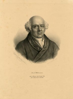 Lithograph portrait of an elderly man with a bald crown and curly white hair at the sides, wearing a dark gown
