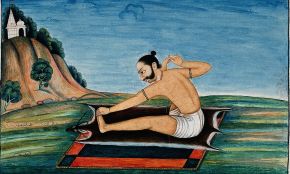 Painting of a bearded man seated on an animal skin in a green landscape, reaching forward to hold one foot while drawing the other hand back towards his ear